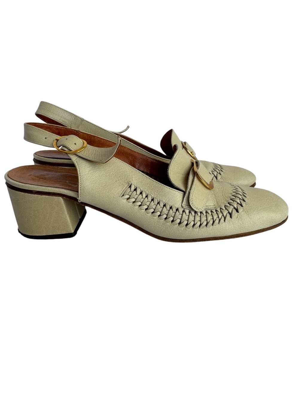 Clarks 70s Italian Leather Slingback Shoes 7.5 Narrow Block Heel Square Woven